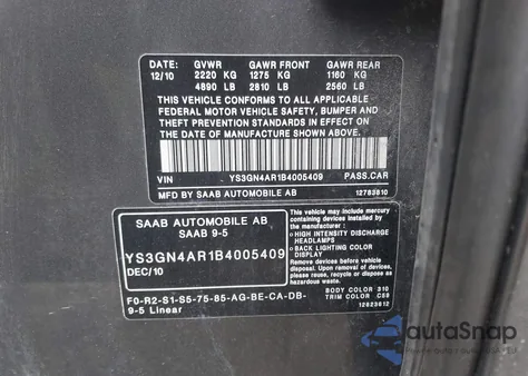 2011 Saab 9-5 Turbo4/Turbo4 Premium from USA, damaged, VIN YS3GN4AR1B4005409